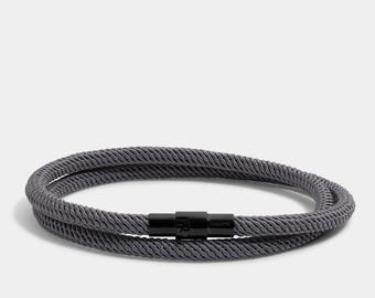 Pulsera de cuerda gris – Minimalista de doble aro, cierre de acero inoxidable