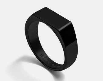 Black Signet Ring for Men - Minimalist Polished Mirror Finish | Perfect Gift for Him, Boyfriend, Unisex