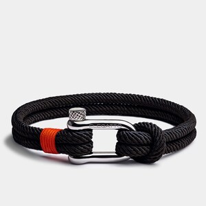 Black Nylon Cord Bracelet, Silver-Plated Shackle, Nautical Jewelry