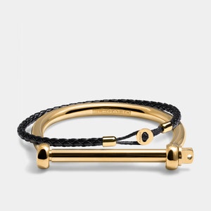 Uno and Bangle Gold Bracelets Set for Men - 18k Gold Plated Stainless Steel and Braided Leather, Men's Accessories, Perfect Gift for Him