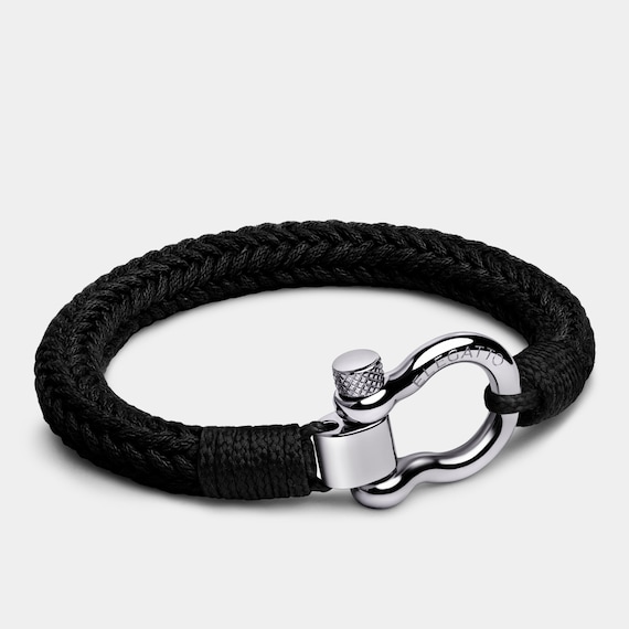Bracelet homme en corde de coton noir – fermoir manille en argent