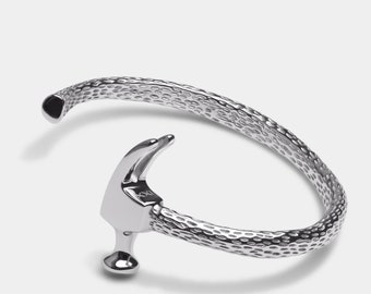 Stainless Steel Cuff Bracelet for Men- Unique Hammer Tool Design, Cool Jewelry Gift for Him, Perfect for Dad