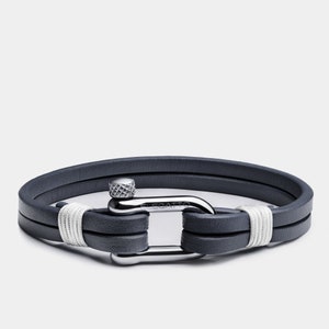 Navy Blue Leather Bracelet for Men – Stainless Steel Clasp