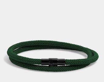 Pulsera de cuerda verde para hombre – Cierre de acero inoxidable, doble aro