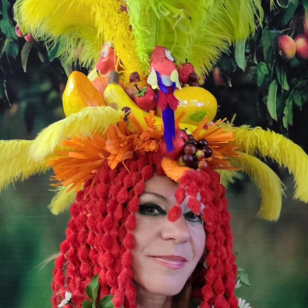 Large fruit basket headdress, tropical headdress,  parrots headdress, fruit crown, carnival crown, Brazilian headdress, table centerpiece