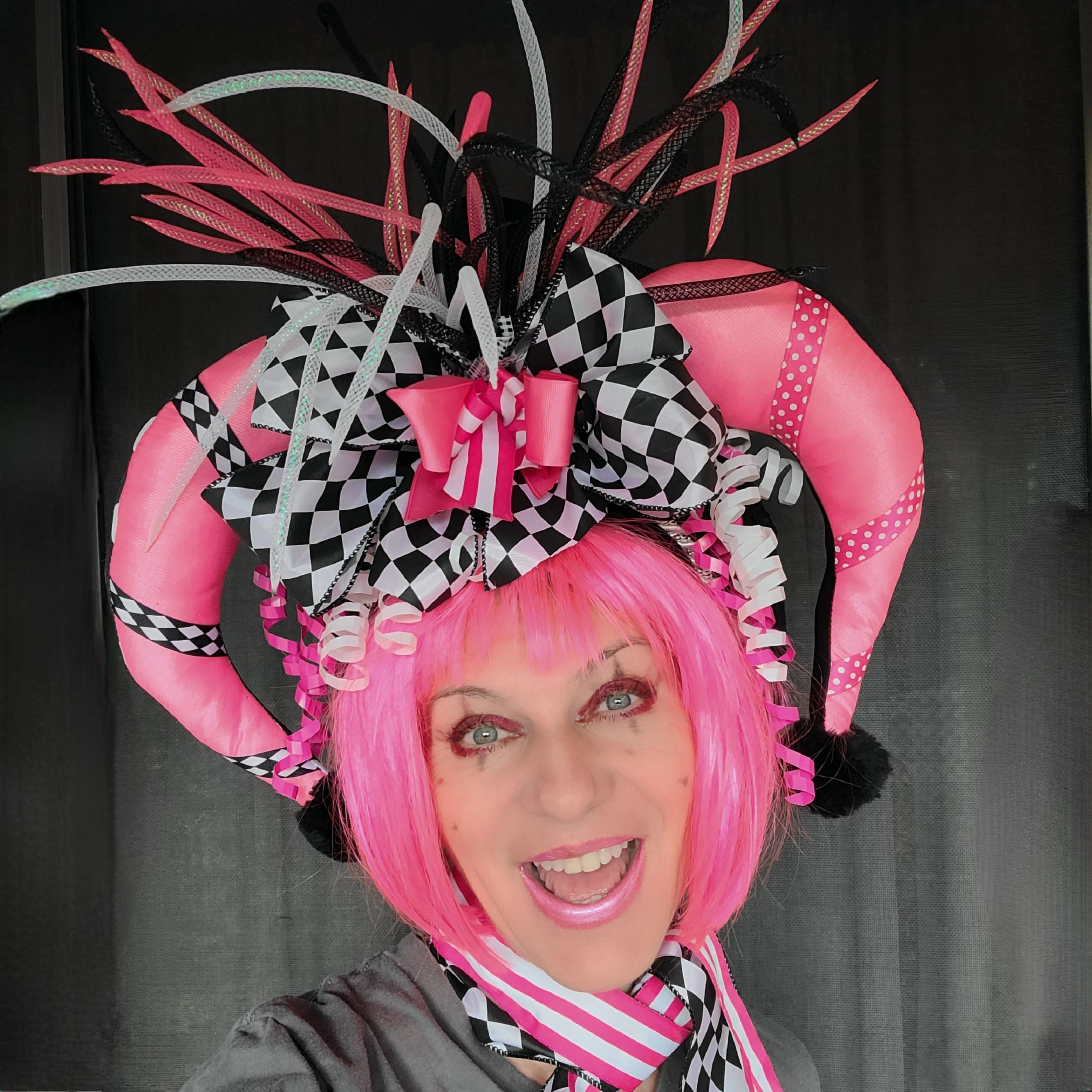 NWOT Harlequin Jester Hat – Black Checkered Clown Cap Cosplay Joker Mardi Gras Joker Headdress, Jester Hat, Halloween Costume, Black and  main image 2