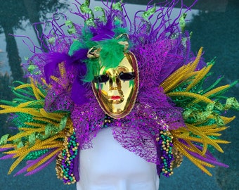 11in Tall x 7in Wide Purple/ Green/ Gold Mardi Gras Feather Hair