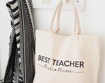 Personalised Best Teacher Tote Bag - Cotton Canvas with Rope Handles and Base - End of School Year Present - Customised Thank You Gift Idea
