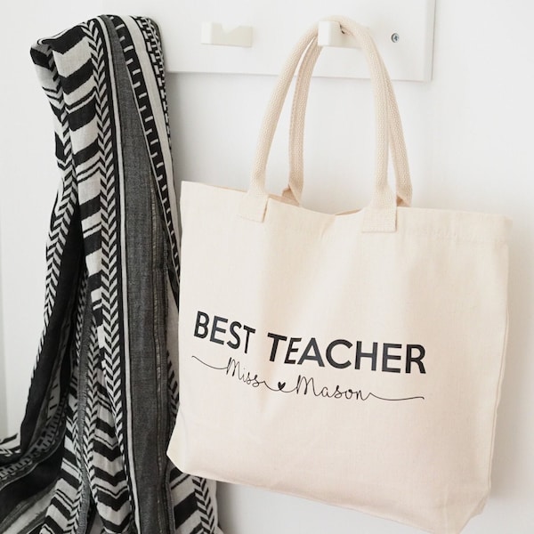 Personalised Best Teacher Tote Bag - Cotton Canvas with Rope Handles and Base - End of School Year Present - Customised Thank You Gift Idea