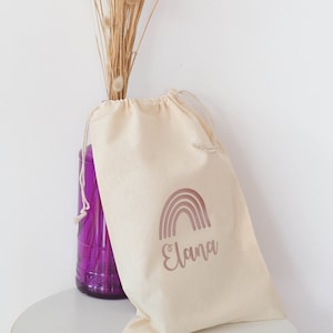 Rainbow Personalised Favour Bags in Black, Gold, Rose Gold, Silver - Thank You Party Drawstring Bags - Two Sizes - Weddings, First Birthday
