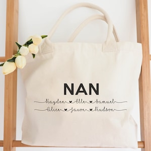 Personalised NANNA Bag with Kids Names - Thick Cotton Calico Shopping Tote - Custom Gift Idea for Nan, Grandma, Teacher, Bride, Bridesmaid