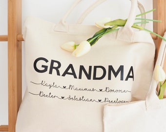 Personalised GRANDMA Bag with Grandchildren Names - Thick Cotton Calico Shopping Tote - Custom Gift Idea for Mum, Teacher, Bride, Bridesmaid