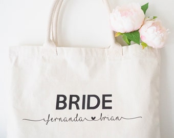 Personalised BRIDE or BRIDESMAID Bag with Custom Names - Thank You Bridal Party or Bride-to-be Wedding Gift - Reusable Thick Cotton Tote