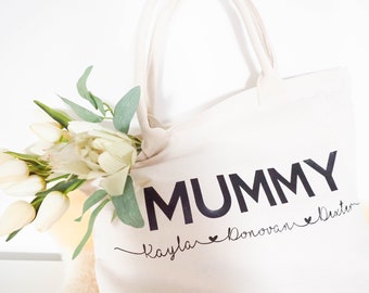 Personalised MUM Bag with Kids Names - Premium 100% Cotton Tote with Rope Handles and Base - Natural Thick Canvas - Customised Gift Idea