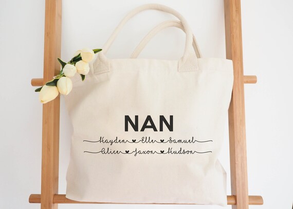 Personalised NANNA Bag with Kids Names - Thick Cotton Calico Shopping Tote - Custom Gift Idea for Nan, Grandma, Teacher, Bride, Bridesmaid
