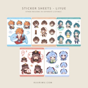 Liyue Sticker Sheet - Xiao, Zhongli, Hu Tao, Ganyu, Childe (3.2&quot; x 3.8&quot; Matte)