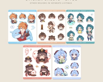 Liyue Sticker Sheet - Xiao, Zhongli, Hu Tao, Ganyu, Childe (3.2" x 3.8" Matte)