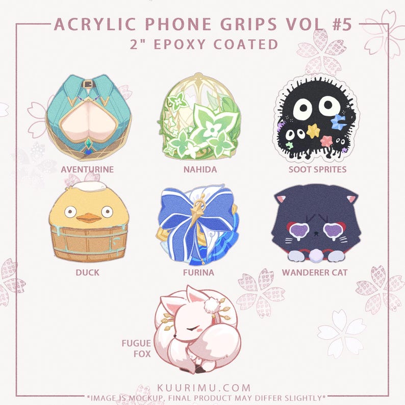 May include: Set of 10 acrylic phone grips, each 2 inches in diameter. The grips feature various designs, including a duck in a tub, a cat, a fox, a character with a bow, and a character with a green plant. The grips are epoxy coated.