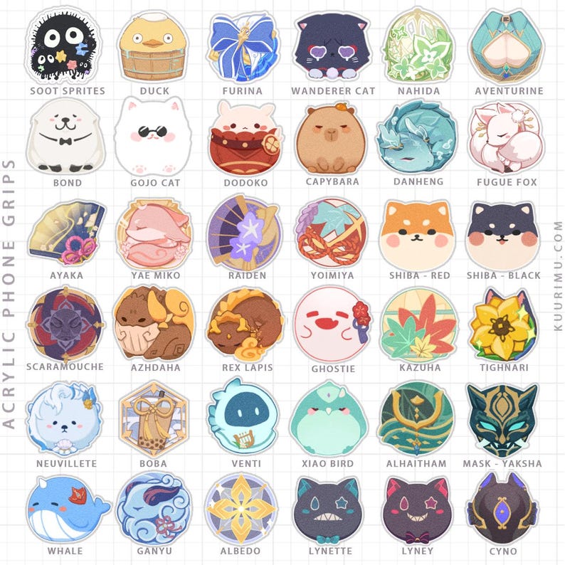 May include: A set of 24 round acrylic phone grips featuring various characters from the popular video game Genshin Impact. The characters are depicted in a cute, chibi style and include popular characters like Raiden Shogun, Kazuha, and Albedo.