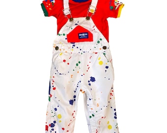 VTG y2k OshKosh Bgosh Paint Splatter Overalls Red Ringer Shirt Set 24 Months boy