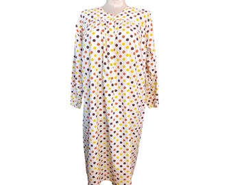 Camisón de manga larga VTG XL con lunares amarillos, naranjas y marrones, vestido de salón moo moo