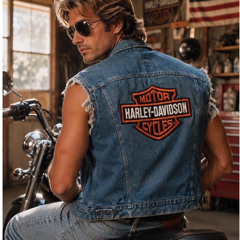 VTG Lee Harley Davidson Denim Vest Mens 42 Reg Biker Cut Off Pins Blue Patch