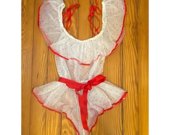 Vintage Sheer White Mesh Heart Print Ruffle Bodysuit Lingerie teddy nightwear