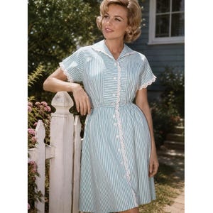 retro house dress Vintage 60s Aqua Blue Floral Polka Dot Print House Dress