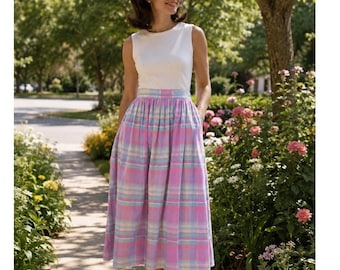 MH Selections VTG 60's ROK Pastelkleurige geruite katoenen midirok Roze Paars BlauwXS