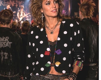 VTG 80er Jahre Blazer Cropped Polka Dot Blumen Knöpfe Schwarz Weiß Sz s new wave