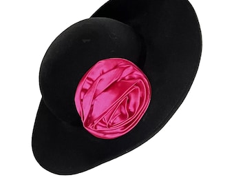 Chapeau Importina vintage des années 80, noir, fleur rose, 100 % laine/feutre