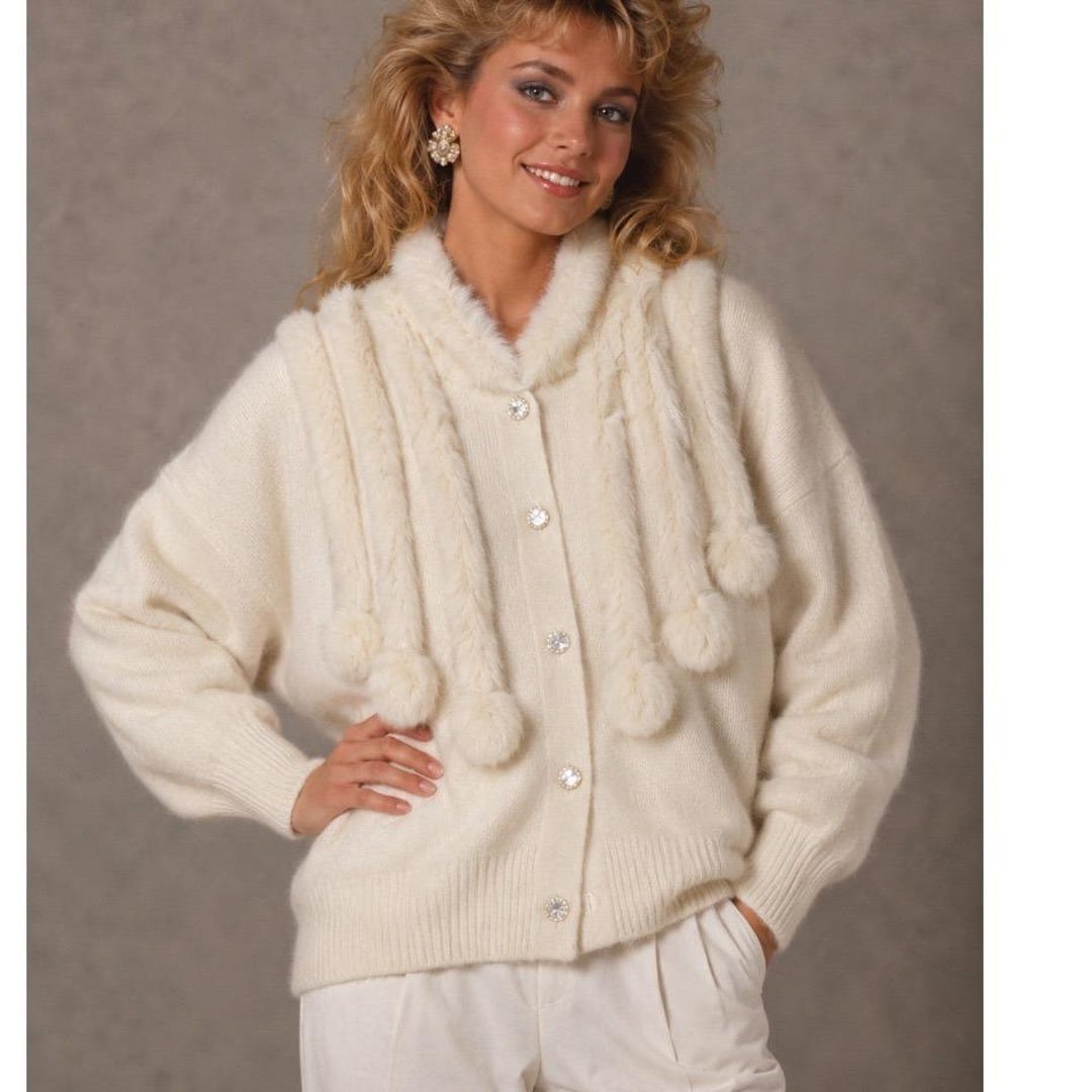 Crystal Angora Vtg 80s Baik Eok Bool Cream Angora Fur Cardigan With Crystal Buttons M ...