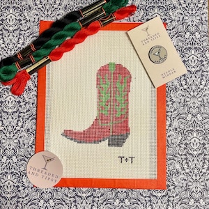 Christmas Cowboy Boot Needlepoint Canvas | Green Christmas Gift | Hand-painted Needlepoint Canvas, Made to order | CANVAS ONLY!!!!!
