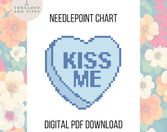 KISS ME Conversation Heart Needlepoint Chart, Cross Stitch Charts, Digital Download