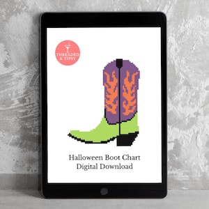 Digital Needlepoint Chart – Halloween Cowboy Boot Pattern | Spooky Stitch Chart | Western Halloween Decor | PDF Download