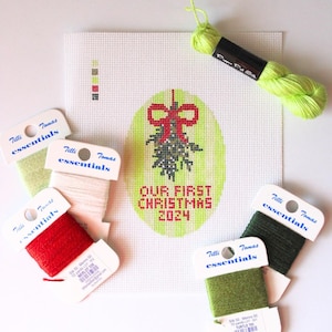 Custom &quot;Our First Christmas&quot; Needlepoint Canvas – Mistletoe Ornament Design – Personalized Year – Hand-Painted Holiday Decor
