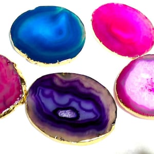 Agate stone  round gemstone coasters with gold electroplated edge Drink holder coaster placemat decor crystal slice agate table