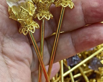 Natural Rock Quartz Amethy Herkimer Diamond Hairpin Hair Stic: 14k gold Filled Jewelry Hair Fork Rose flower carved Gemstone