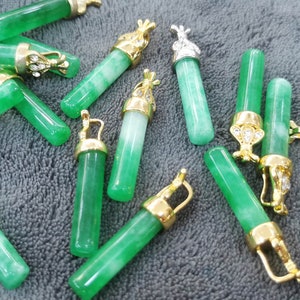 Colonne Birmanie Jadeite Naturelle Jade Pendentif 8x30mm tube barre avec 18k or couronne focal 1pcs