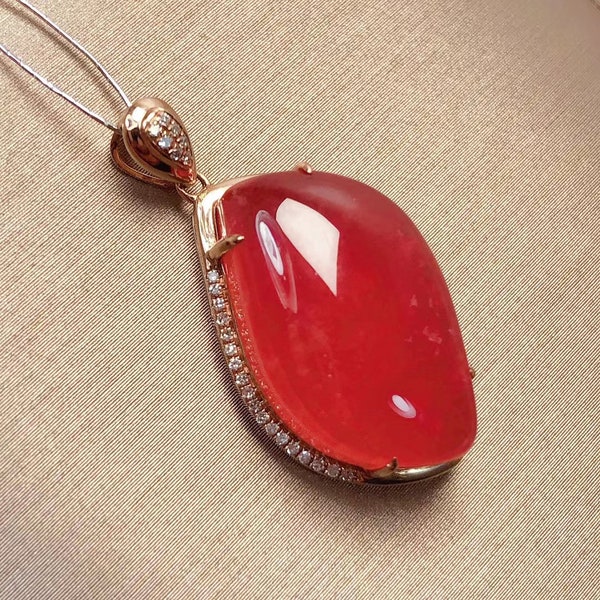 18K Solid Gold  Pink  Argentina Rhodochrosite Gemstone 15-40mm Red rose gold charm Pearl Round teardrop drop  necklace pendant 1pcs