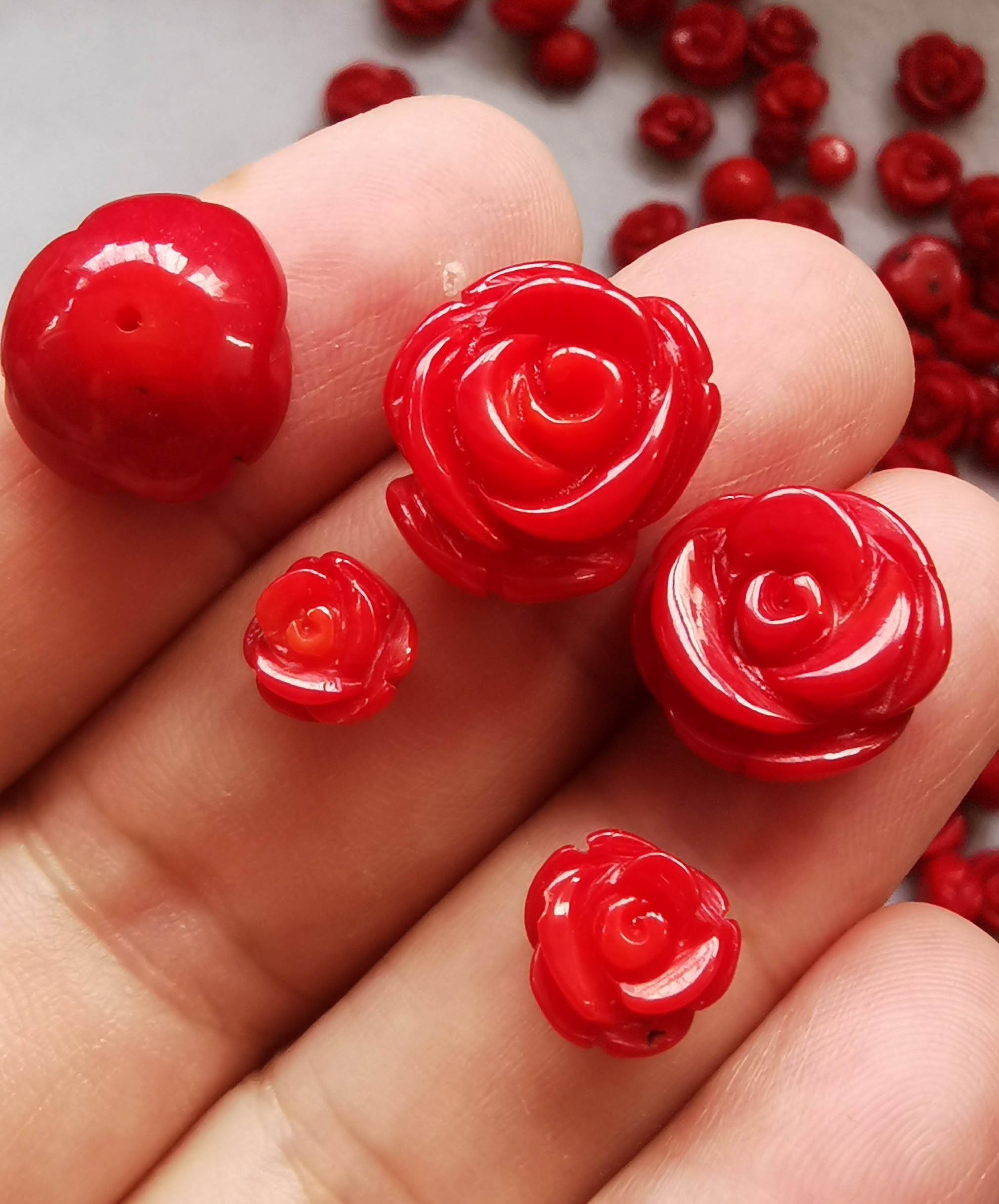 50pcs Carved Red Coral Flower 6-14mm -half Drilled Bead, Color
