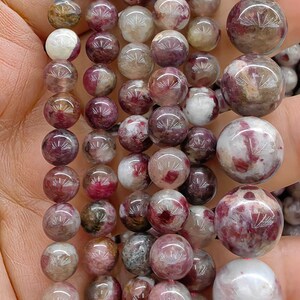 Sales--Natural Red Tourmaline Rubellite in Quartz 4mm 6mm 8mm 10mm 16inch Smooth Cherry pink rainbow Round Beads