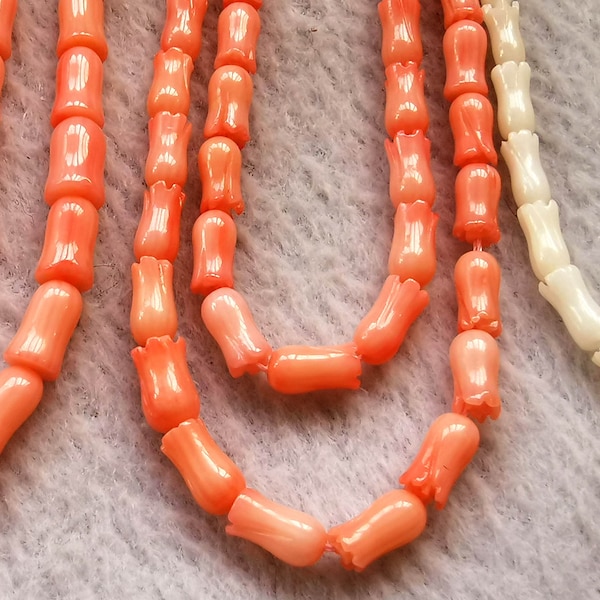 16inch Handmade White, Pink Oranger -red Carved Coral Jewerly Carved Coral Tulip Flower Beads, Natural Coral Gemstone, Coral Eearrings