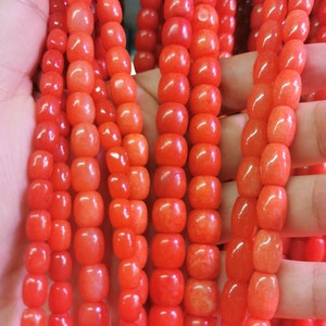 コーラルレッドカナリアイエローキャンディジェイドロンデルジェイド、イエロービーズ 16インチフルストランドライスドラムバレルルースビーズ