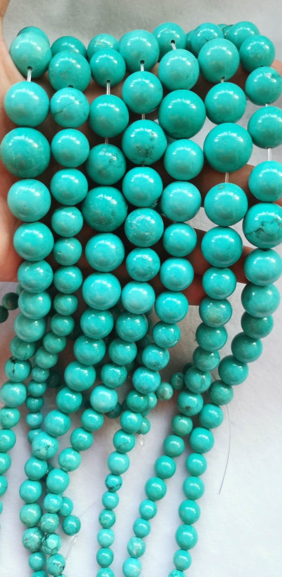Collier Femme En Turquoise Naturelle - 18 Perles Rondes Lisses - Fait Main - Argenté - Neuf Sans Emballage