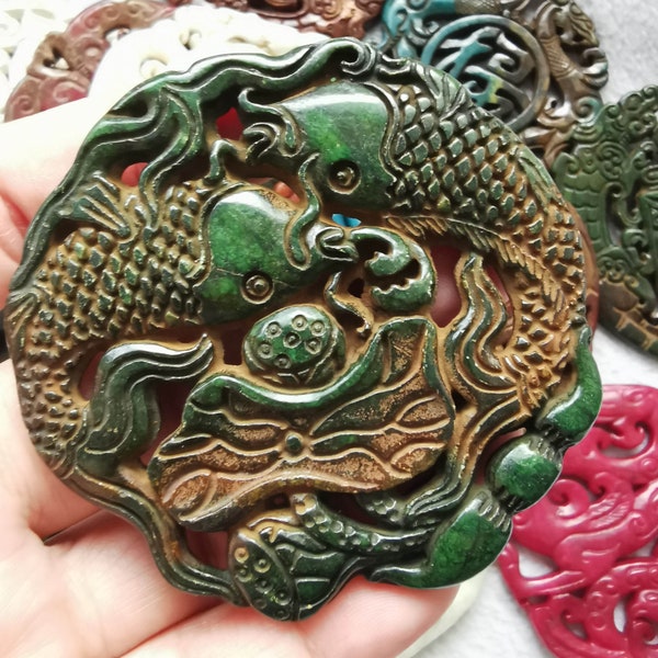 large 3inch Hollow Carved Dragon and phoenix Jade pendant,Carved jade Fish pendant,Jade Pendant Amulet Talisman,Jade Pendant Jewerly 1pcs