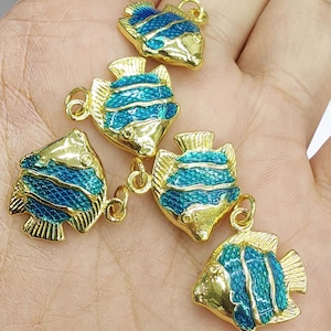 10pcs 24k Shiny Gold Plated Blue Enamel Fish Beads, Fish Bracelet Beads, Fish Spacer Beads, Bracelet Charm, Gold Plated Findings