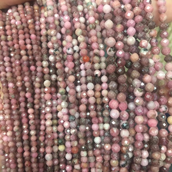 Micro Faceted Multicolor Rhodonite 2-6mm Round Beads Natural Pink Black Gemstones 15.5" Strand