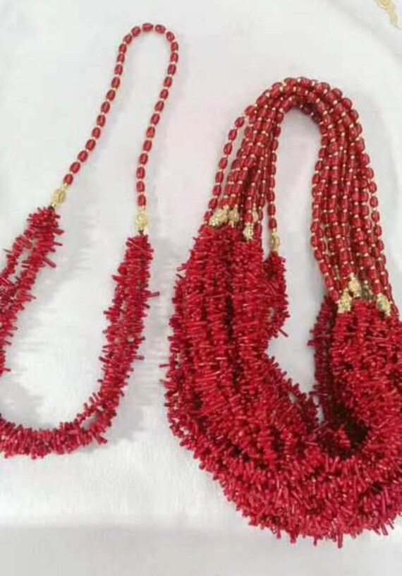 30inch 3 Layers Coral Necklace, Coral & 18K Gold, Drum Red Coral