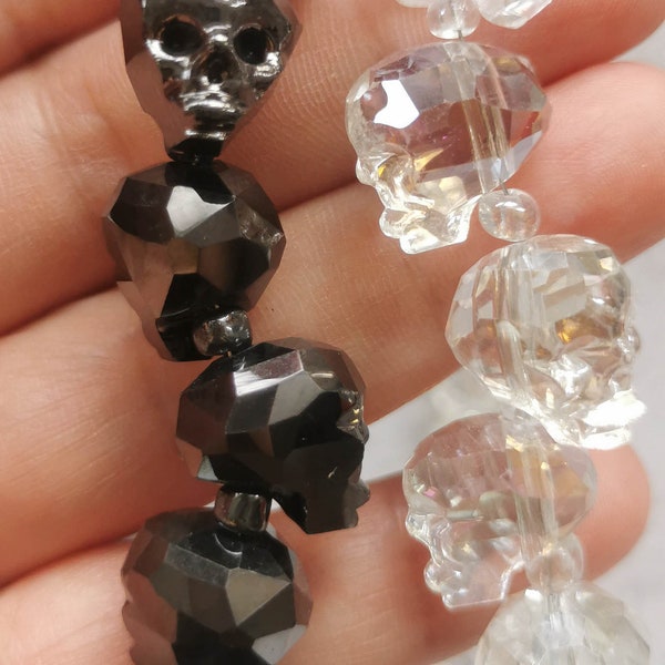 Handmade Black Jet Crystal Skull Beads -clear white- 13X15mm 10pcs  Fully drilled - skelleton loose beads for jewelry making DIY